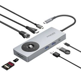 موزع Promate ComandHub‑Pro 14 في 1 USB-C إصدار لوحة المفاتيح - 100 واط PD USB-C، 4K 60Hz HDMI، 1GbE LAN، قارئ SD/TF، زر الوسائط المتعددة