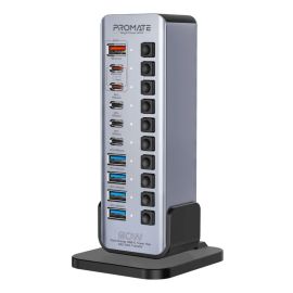 موزع الطاقة والبيانات Promate GegaTower‑60W USB‑C Tower Hub لوحة مفاتيح - 14 في 1 شحن وسرعة نقل بيانات 5 جيجابت في الثانية، منفذان PD48W، QC 3.0، مفاتيح فردية