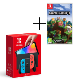 Nintendo Switch OLED Console Neon Blue & Red Joy Con + Minecraft Bundle