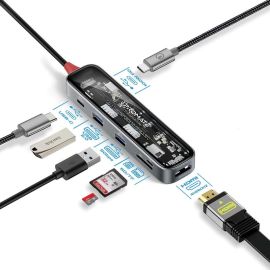 موزع بروميت ترانس هب لايت USB-C - محول شفاف رفيع 7 في 1 مزود بمنفذ HDMI بدقة 4K بتردد 60 هرتز، ومنفذ PD بقوة 100 واط، وفتحات USB-A وUSB-C للبيانات، وفتحات SD/TF - يتضمن اسم لوحة المفاتيح