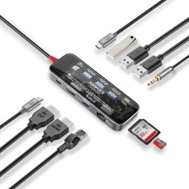 موزع ملحقات ولوحة مفاتيح Promate TransHub‑Pro USB‑C - قاعدة شفافة 11 في 1، PD 100 واط، شاشة مزدوجة بدقة 4K، شبكة LAN جيجابت