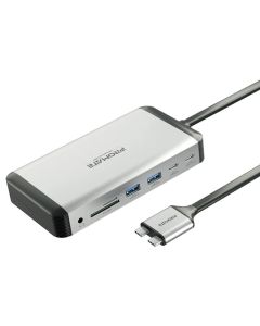 محول Promate VersaHub‑MST USB-C متوافق مع لوحة المفاتيح - موزع HDMI مزدوج MST 13 في 1 بدقة 4K، PD 100 واط، جيجابت إيثرنت، بطاقة SD/TF، ومنفذ AUX 3.5 مم
