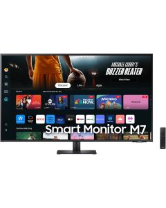 شاشة سامسونج M7 M70D الذكية 32 بوصة بدقة 4K UHD 3840 × 2160 ومعدل تحديث 60 هرتز ووقت استجابة 4 مللي ثانية ومكبرات صوت مدمجة وتقنية WiFi 5 وBT 5.2 ونظام تشغيل Tizen، أسود