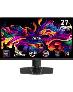 شاشة ألعاب إم إس آي MAG 273QP مقاس 27 بوصة WQHD QD-OLED X24، دقة 2560 × 1440، معدل تحديث 240 هرتز، وقت استجابة 0.03 مللي ثانية (GtG)، تقنية Adaptive-Sync، شاشة ملونة 1.07b، منفذا HDMI 2.1 أسود