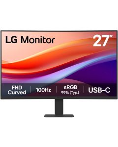 شاشة إل جي المنحنية 27U421A مقاس 27 بوصة FHD VA، دقة 1920 × 1080، معدل تحديث 100 هرتز، زمن استجابة 5 مللي ثانية، انحناء 1500R، مقاومة للوميض، لون أسود