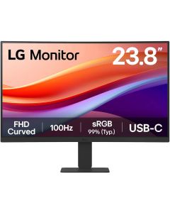 شاشة منحنية إل جي 24U421A مقاس 24 بوصة FHD VA، دقة 1920 × 1080، معدل تحديث 100 هرتز، زمن استجابة 5 مللي ثانية، انحناء 1500R، مقاومة للوميض، مثبت أسود، مزامنة الحركة الديناميكية، أسود