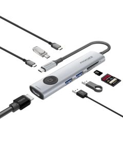 محطة إرساء الوسائط المتعددة Promate ComandHub-Lite USB-C مع PD 100 واط، HDMI 4K، USB 5 جيجابت في الثانية، قارئ بطاقات SD ومنفذ إيثرنت - رمادي