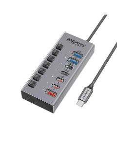 Promate GegaHub‑10G USB‑C Hub for Keyboard & Devices – 7‑in‑1, Dual 10 Gbps Ports, 20W PD, Swift Power Control