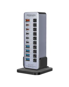 موزع الطاقة والبيانات Promate GegaTower‑60W USB‑C Tower Hub لوحة مفاتيح - 14 في 1 شحن وسرعة نقل بيانات 5 جيجابت في الثانية، منفذان PD48W، QC 3.0، مفاتيح فردية