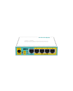 راوتر MikroTik RB750UPr2 (hEX PoE lite)، يحتوي على 5 منافذ إيثرنت مع دعم إخراج PoE لأربعة منافذ، منفذ USB، معالج بسرعة 650 ميجاهرتز، ذاكرة RAM بسعة 64 ميجابايت، ونظام التشغيل RouterOS برخصة المستوى الرابع (L4).