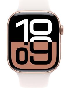 ساعة Apple Watch Series 10 مقاس 46 مم مع نظام تحديد المواقع العالمي (GPS) وشاشة Retina LTPO3 تعمل دائمًا وهيكل من الألومنيوم باللون الذهبي الوردي وحزام رياضي بلون وردي فاتح