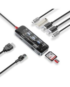 موزع Promate TransHub-Go USB-C - موزع شفاف متعدد المنافذ 9 في 1 مع PD 100 واط، وGigabit Ethernet، وHDMI 4K، وUSB-A، وSD/TF - اسم لوحة مفاتيح TransHub-Go