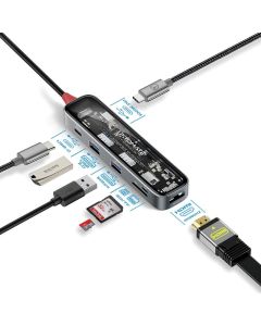 Promate TransHub‑Lite USB‑C Hub – Transparent 7‑in‑1 Slim Adapter with 4K@60Hz HDMI, 100W PD Passthrough, Dual USB‑A, USB‑C Data, SD/TF Slots – Includes Keyboard Name Placeholder