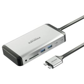 محول Promate VersaHub‑MST USB-C متوافق مع لوحة المفاتيح - موزع HDMI مزدوج MST 13 في 1 بدقة 4K، PD 100 واط، جيجابت إيثرنت، بطاقة SD/TF، ومنفذ AUX 3.5 مم