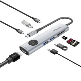 محطة إرساء الوسائط المتعددة Promate ComandHub-Lite USB-C مع PD 100 واط، HDMI 4K، USB 5 جيجابت في الثانية، قارئ بطاقات SD ومنفذ إيثرنت - رمادي