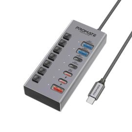 موزع Promate GigaHub‑10G USB‑C للوحة المفاتيح والأجهزة - 7 في 1، منفذان بسرعة 10 جيجابت في الثانية، 20 واط PD، تحكم سريع في الطاقة