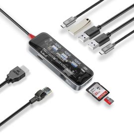 موزع Promate TransHub-Go USB-C - موزع شفاف متعدد المنافذ 9 في 1 مع PD 100 واط، وGigabit Ethernet، وHDMI 4K، وUSB-A، وSD/TF - اسم لوحة مفاتيح TransHub-Go
